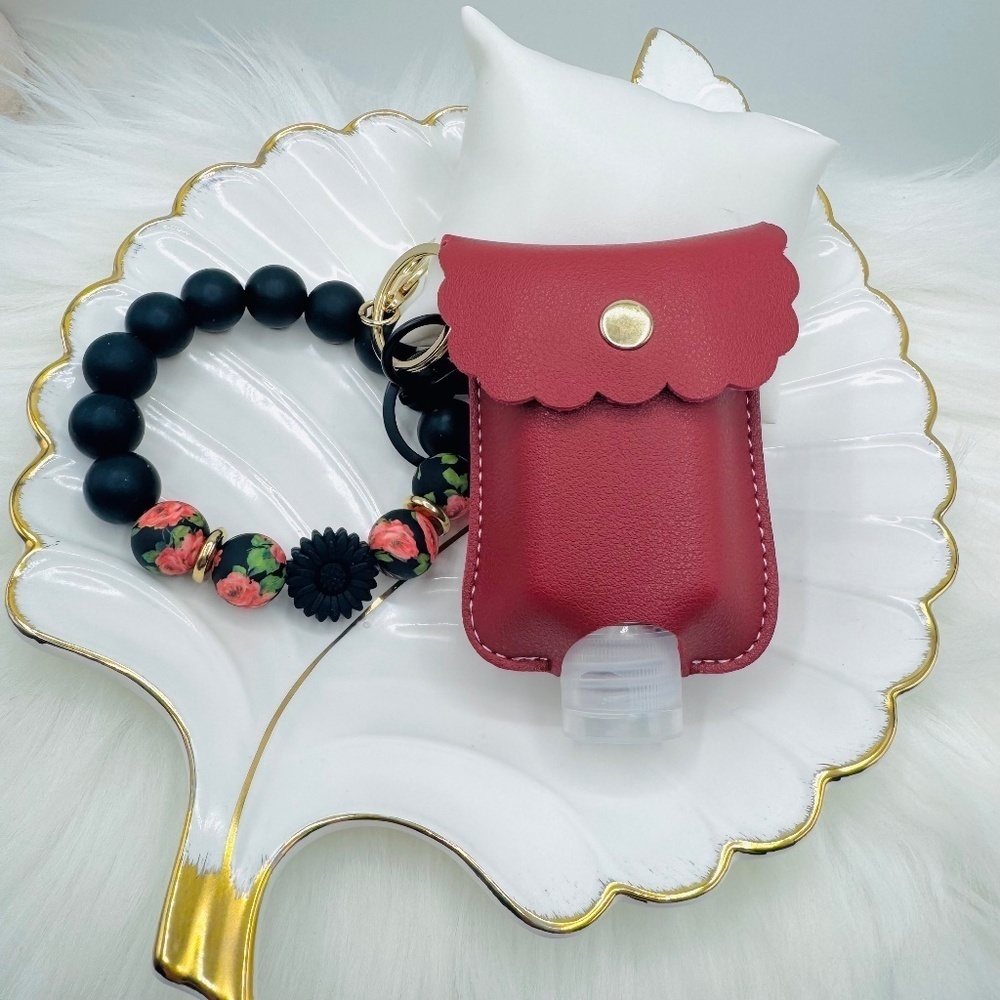 Floral Beaded Bracelet Keychain w/ Portable sanitizer Keychain